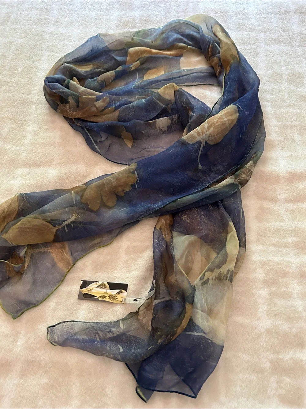 Sheer Blue Leaf-Print Women's Silk Scarf, NWT